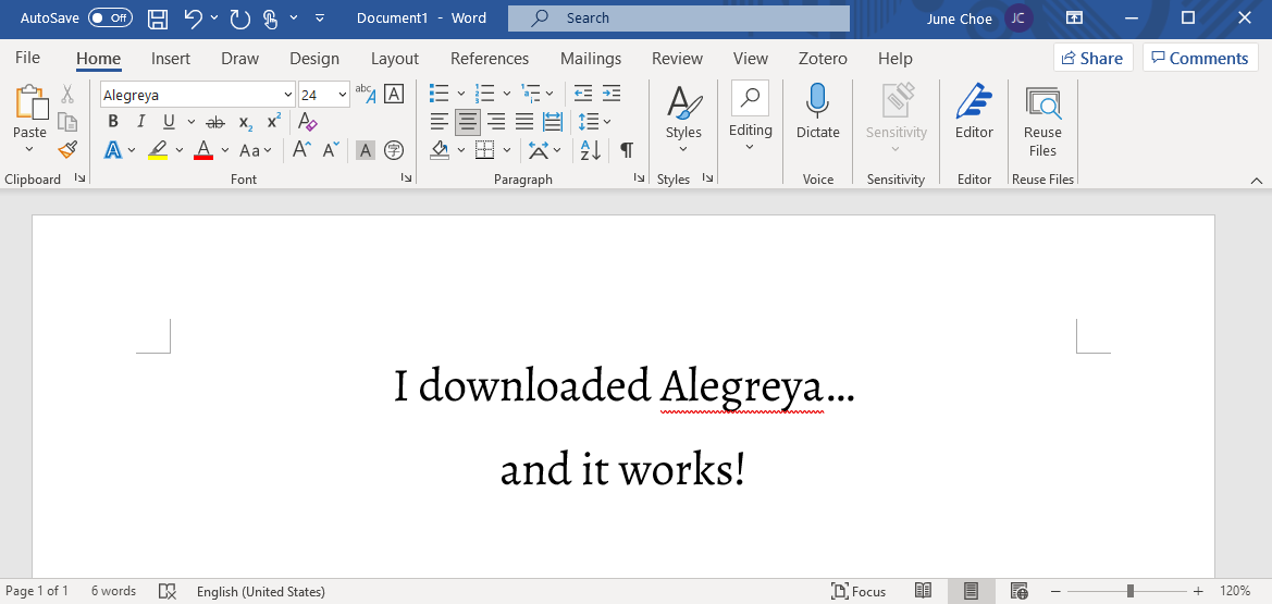 Alegreya in Microsoft Word